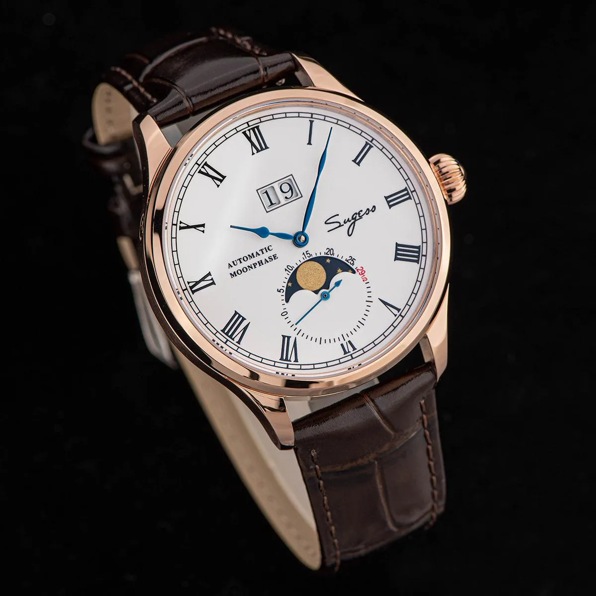 Sugess Automatic Moon Phase Men's Watch Gold Color Case with Seagull Movement, Business Elegance, and Enamel Dial