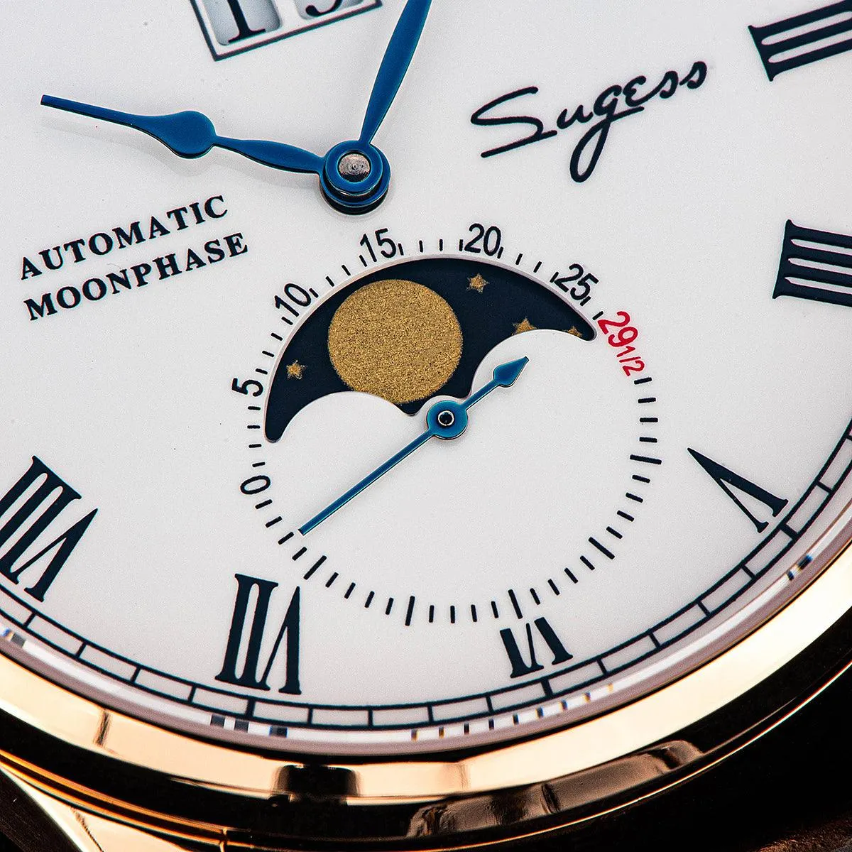 Sugess Automatic Moon Phase Men's Watch Gold Color Case with Seagull Movement, Business Elegance, and Enamel Dial