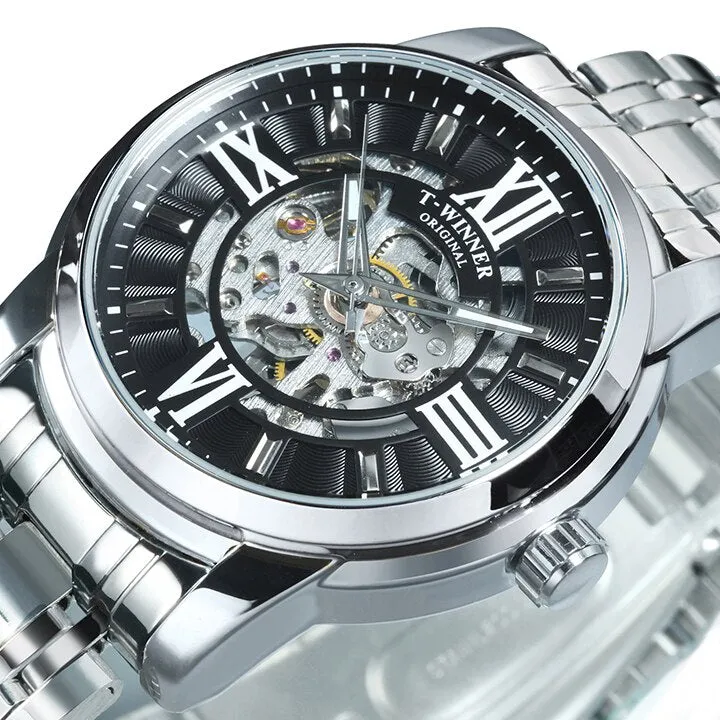 WINNER Fashion Luxury Skeleton Automatic Mechanical Mens Watch Top Brand Stainless Steel Strap 523