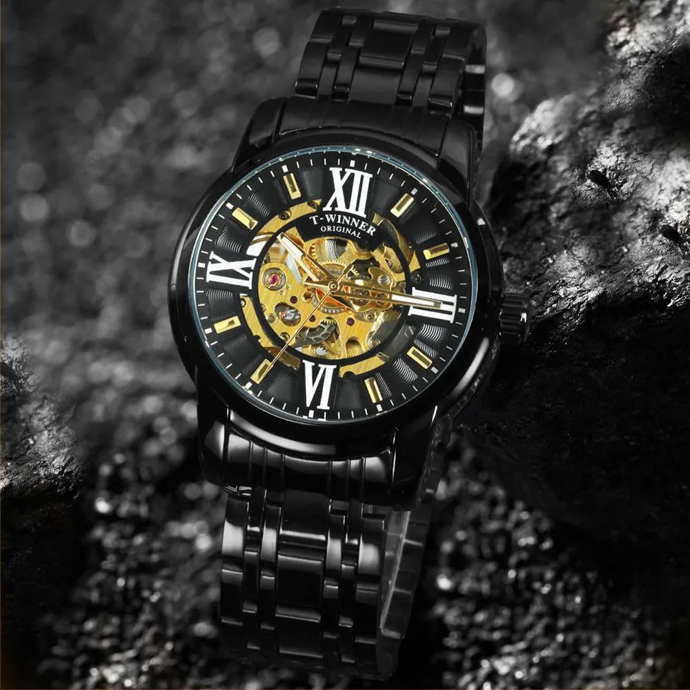 WINNER Fashion Luxury Skeleton Automatic Mechanical Mens Watch Top Brand Stainless Steel Strap 523