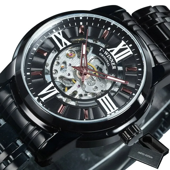 WINNER Fashion Luxury Skeleton Automatic Mechanical Mens Watch Top Brand Stainless Steel Strap 523