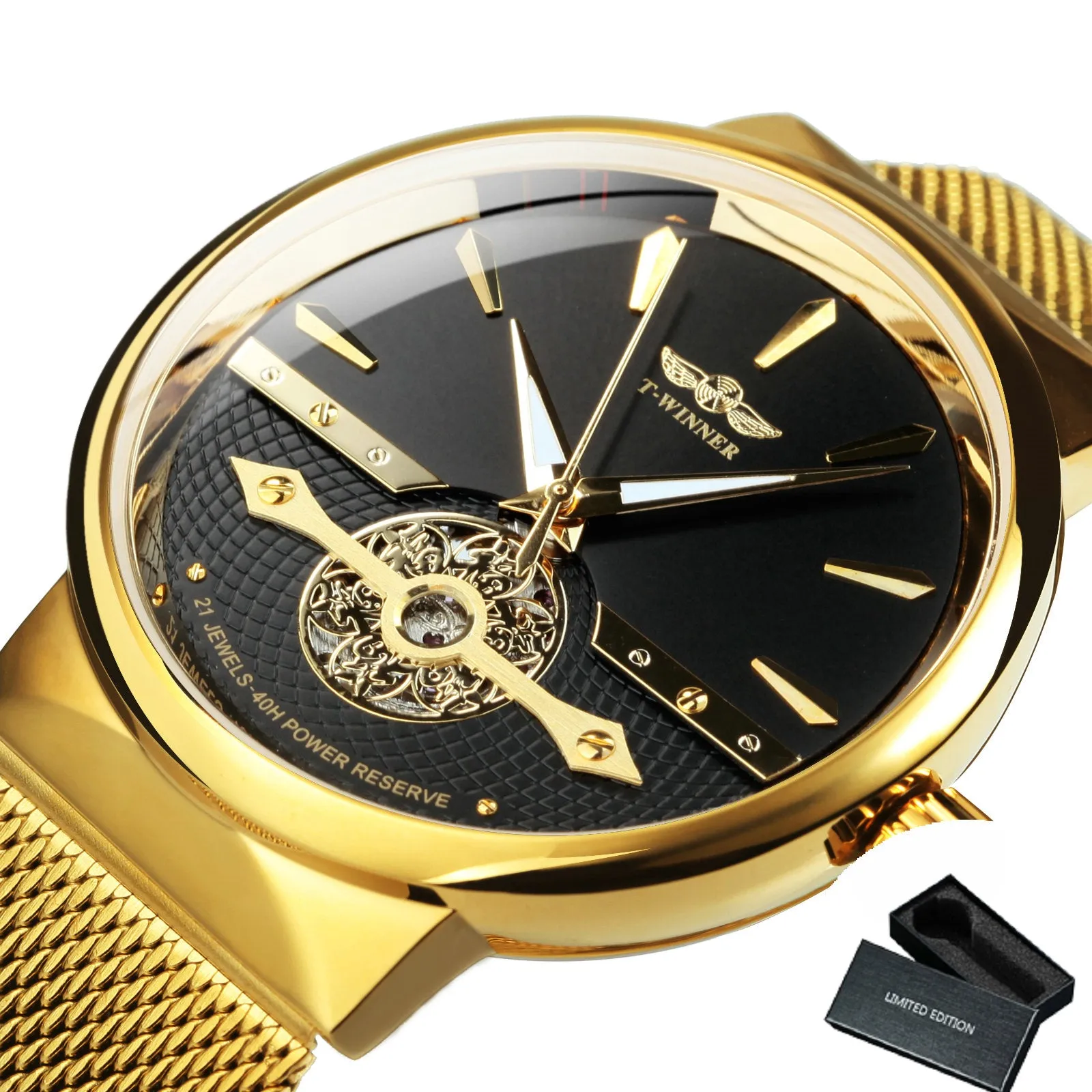 WINNER Luxury Business Gold Tourbillion Skeleton Automatic Mechanical Watch for Men Luminous Hands Mesh Stainless Steel Strap Minimalist Watches