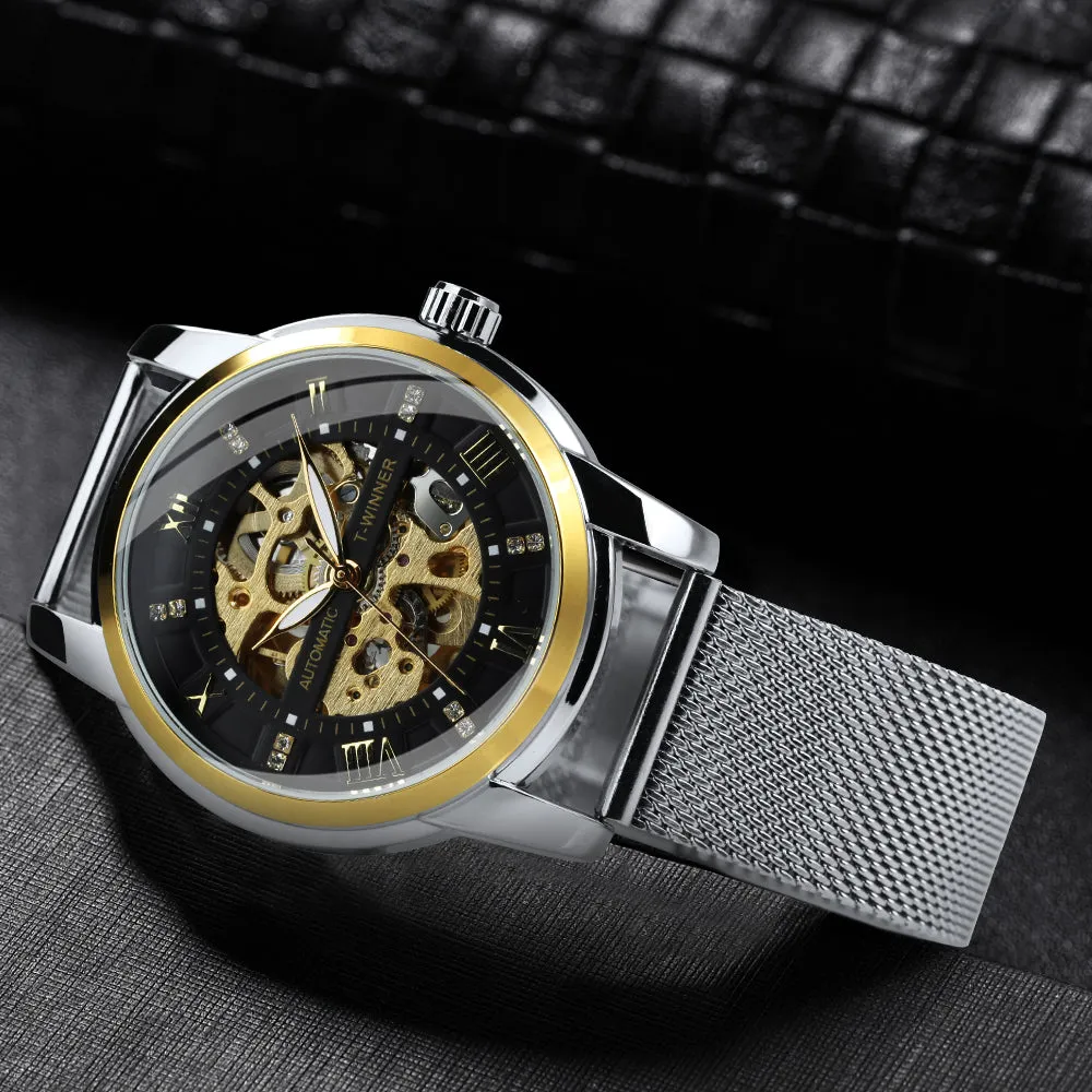 WINNER Luxury Gold Skeleton Automatic Mechanical Watch TM349 Fashion Diamond Luminous Hands Mesh Stainless Steel Strap Classic Mens Watches