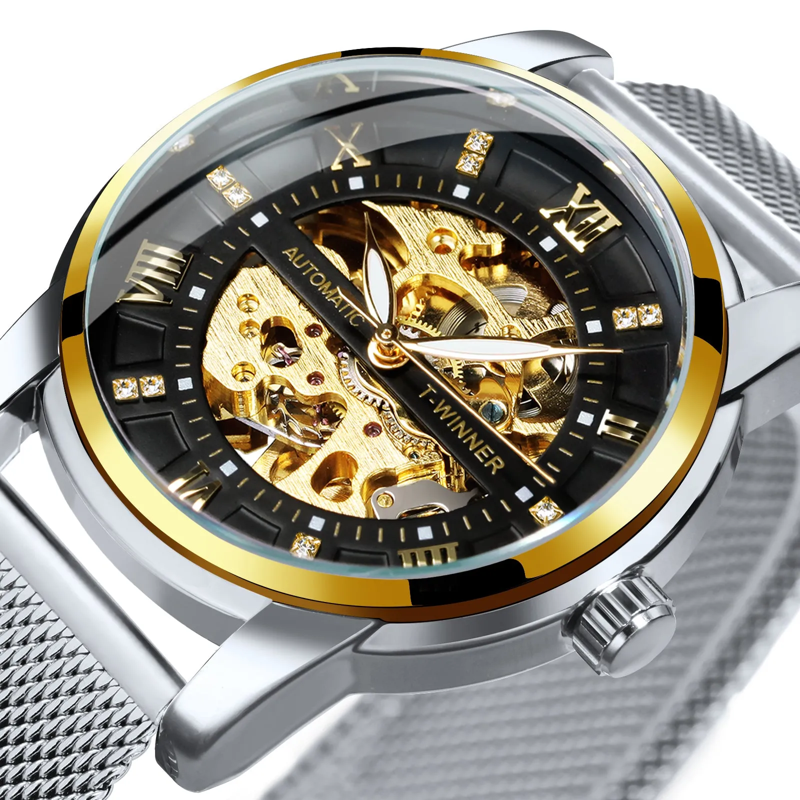 WINNER Luxury Gold Skeleton Automatic Mechanical Watch TM349 Fashion Diamond Luminous Hands Mesh Stainless Steel Strap Classic Mens Watches