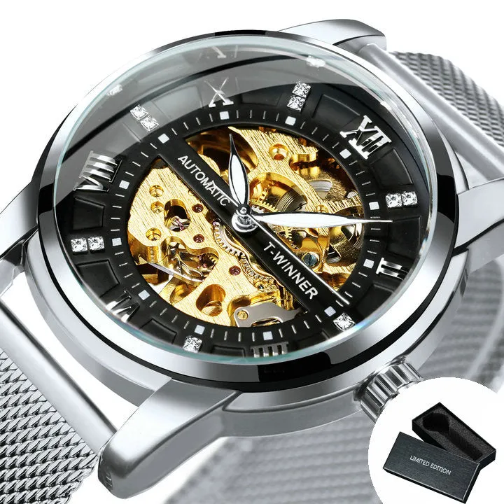 WINNER Luxury Gold Skeleton Automatic Mechanical Watch TM349 Fashion Diamond Luminous Hands Mesh Stainless Steel Strap Classic Mens Watches