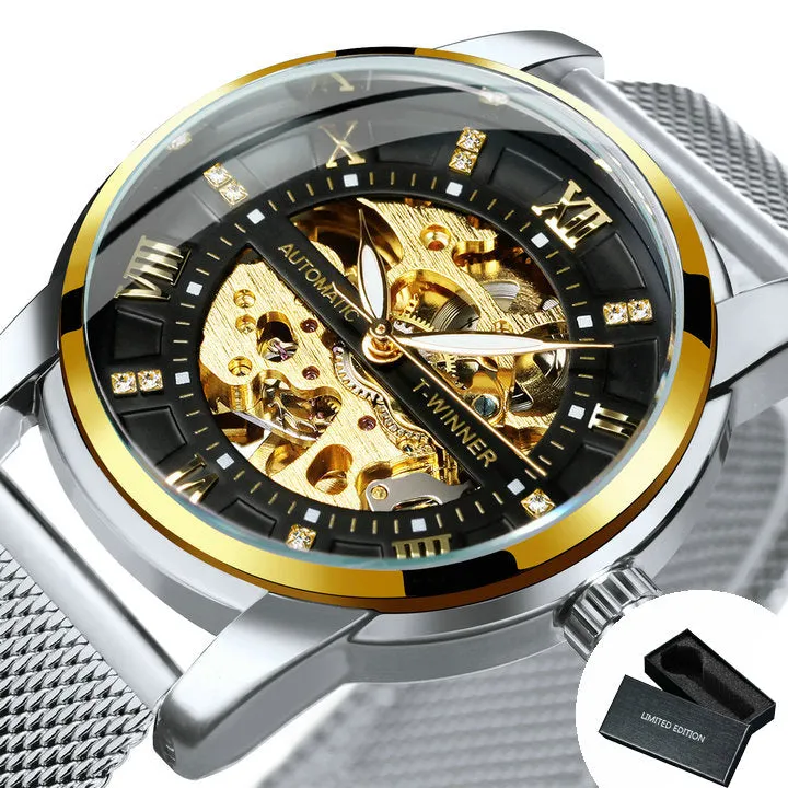 WINNER Luxury Gold Skeleton Automatic Mechanical Watch TM349 Fashion Diamond Luminous Hands Mesh Stainless Steel Strap Classic Mens Watches