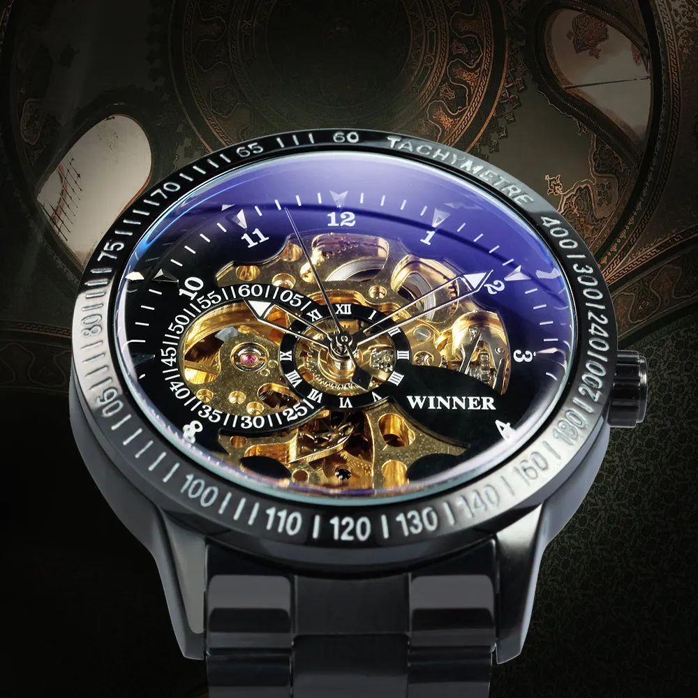 WINNER Steampunk Gold Skeleton Automatic Mechanical Watch for Men H216M Stainless Steel Strap