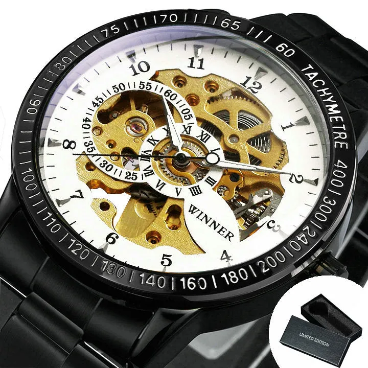 WINNER Steampunk Gold Skeleton Automatic Mechanical Watch for Men H216M Stainless Steel Strap