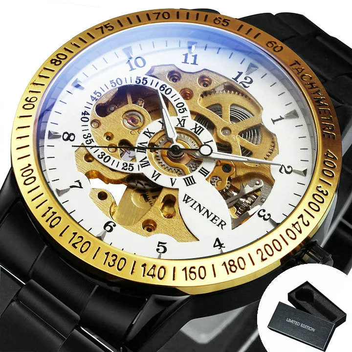 WINNER Steampunk Gold Skeleton Automatic Mechanical Watch for Men H216M Stainless Steel Strap