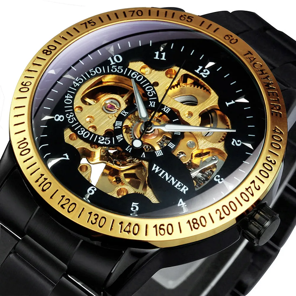 WINNER Steampunk Gold Skeleton Automatic Mechanical Watch for Men H216M Stainless Steel Strap